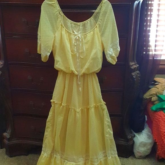 Vintage Roberta California Lemon Yellow Lace & Dots Prairie Dress 13/14 - Picture 1 of 8